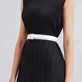 White leather women's buckle-belt with distinctive matte-link metal circle